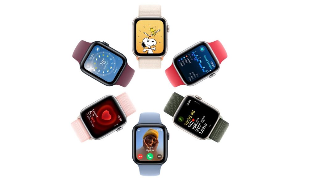 Flera Apple Watch SE med olika armband och urtavlor mot en vit bakgrund.